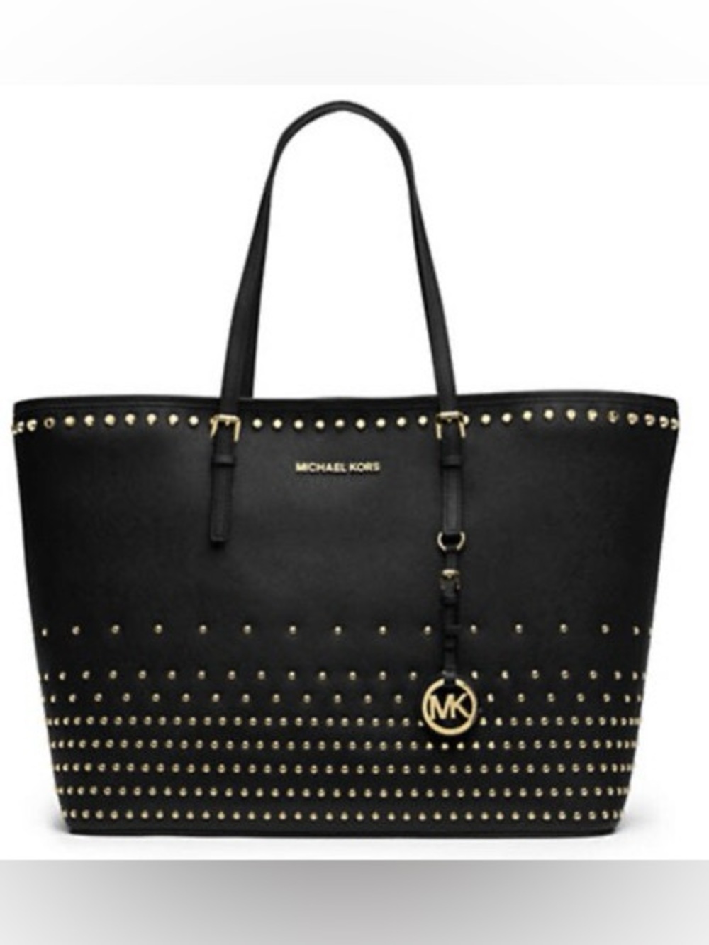 Michael Kors Black Saffiano Studded Tote with Gold Hardware